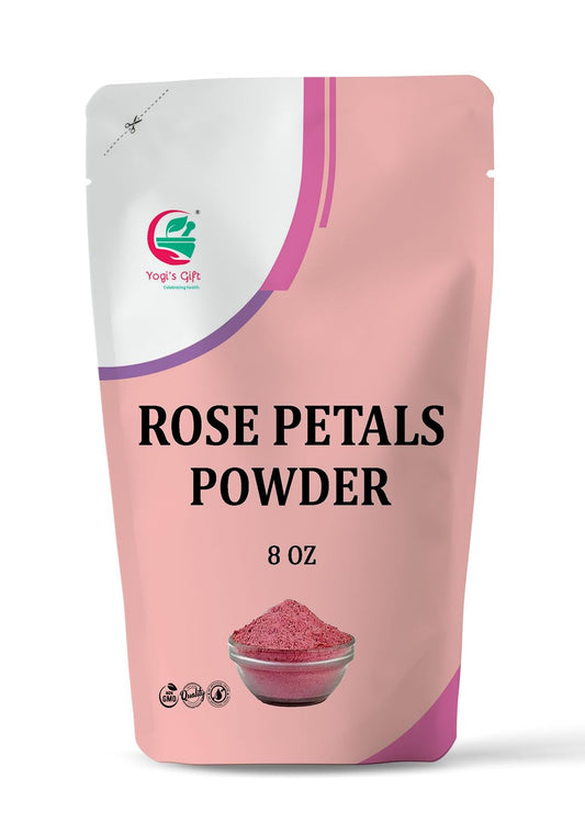 YOGI’S GIFT front packaging showing 8 oz rose petal powder, convenient storage benefit