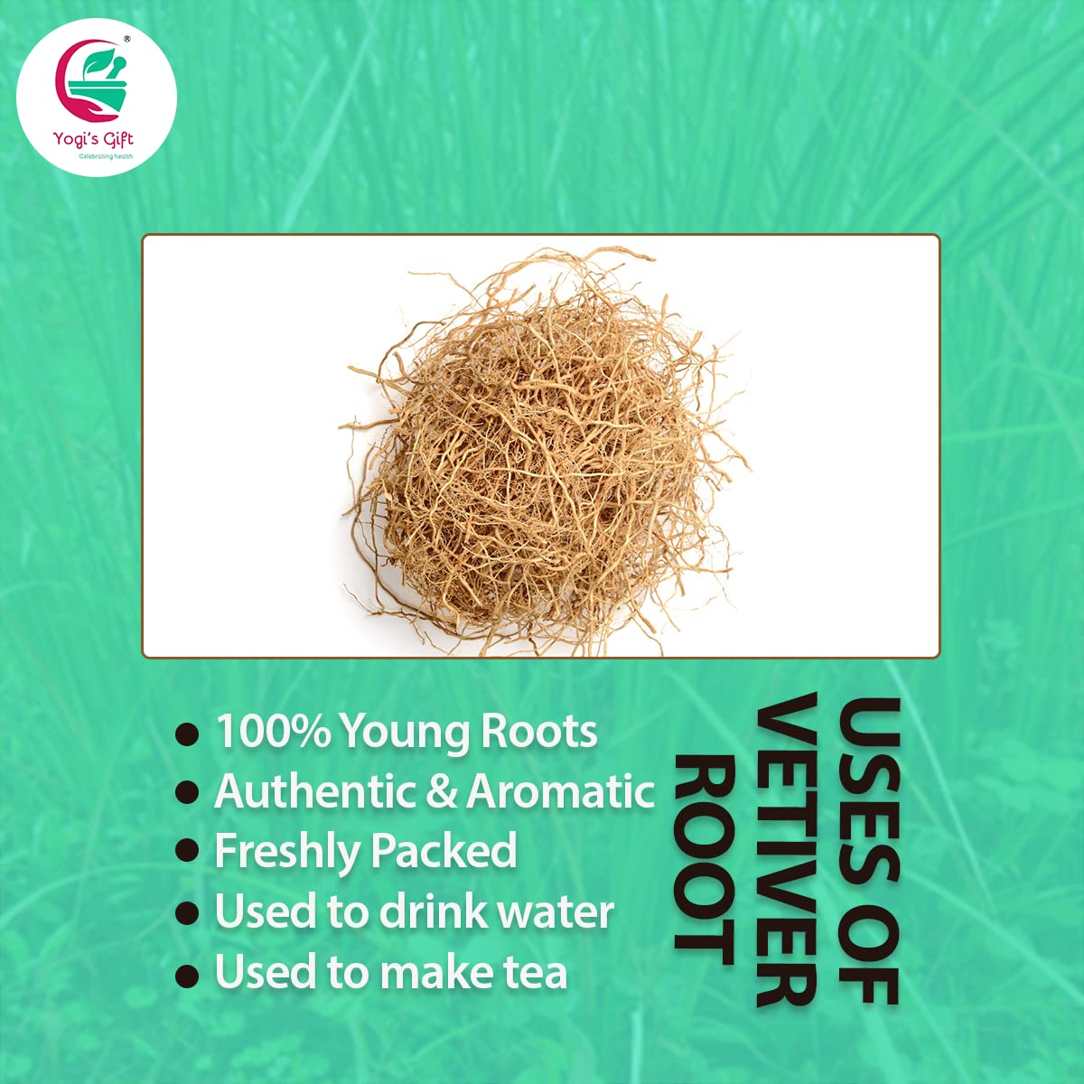 YOGI’S GIFT vetiver root beside a measuring scale showing 4 oz pack size clarity
