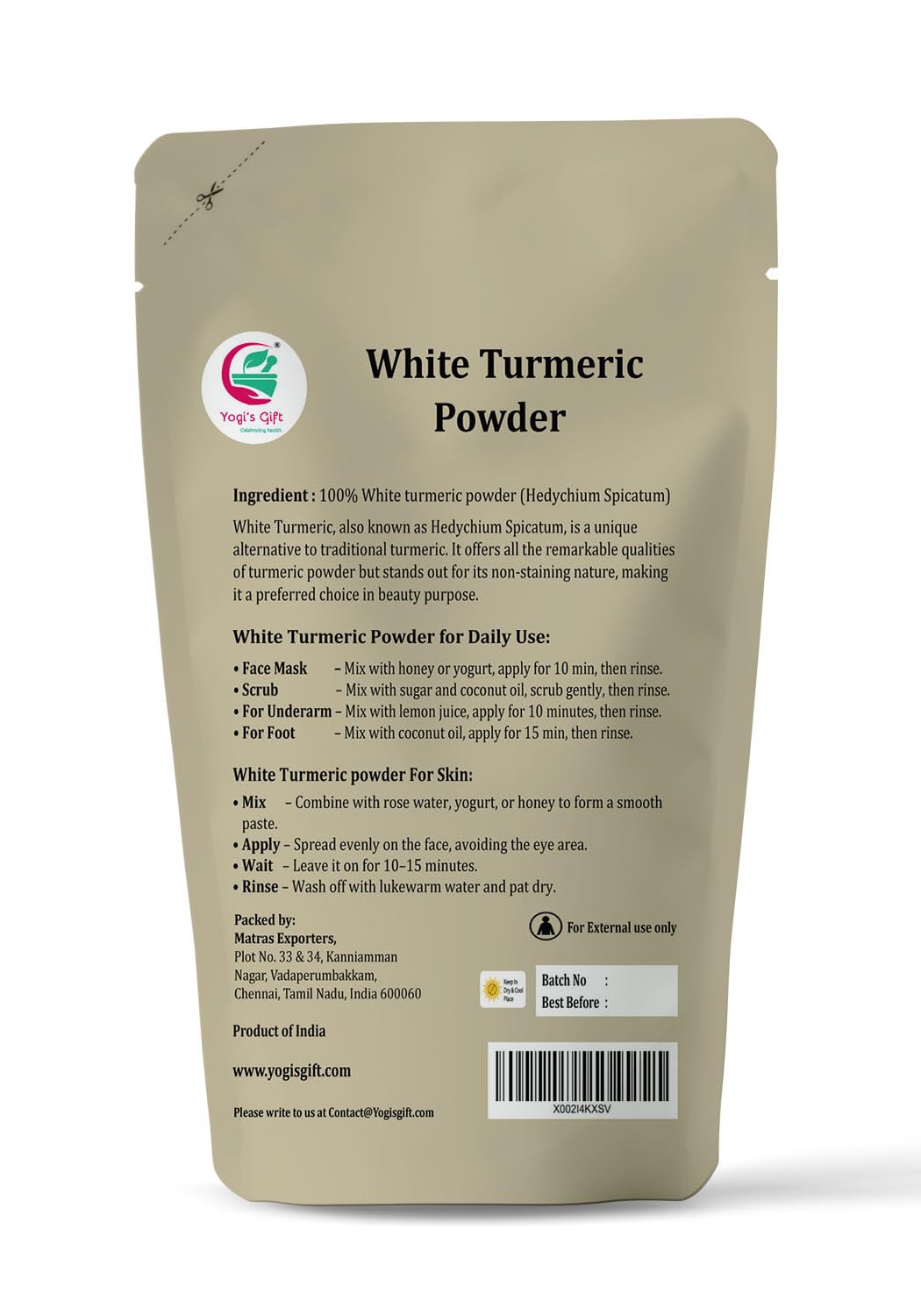 YOGI’S GIFT close-up of white turmeric powder texture illustrating fine grind