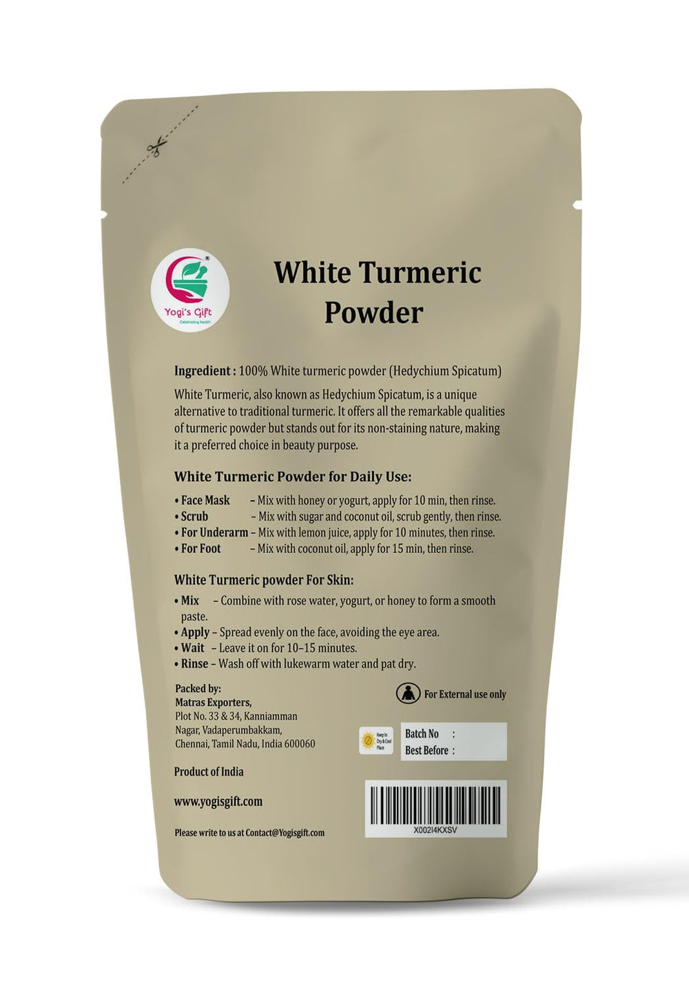 YOGI’S GIFT close-up of white turmeric powder texture illustrating fine grind