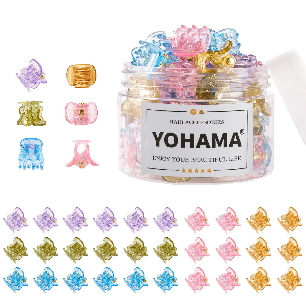 YOHAMA front packaging showing 36 glitter mini claw clips, neat box for protection