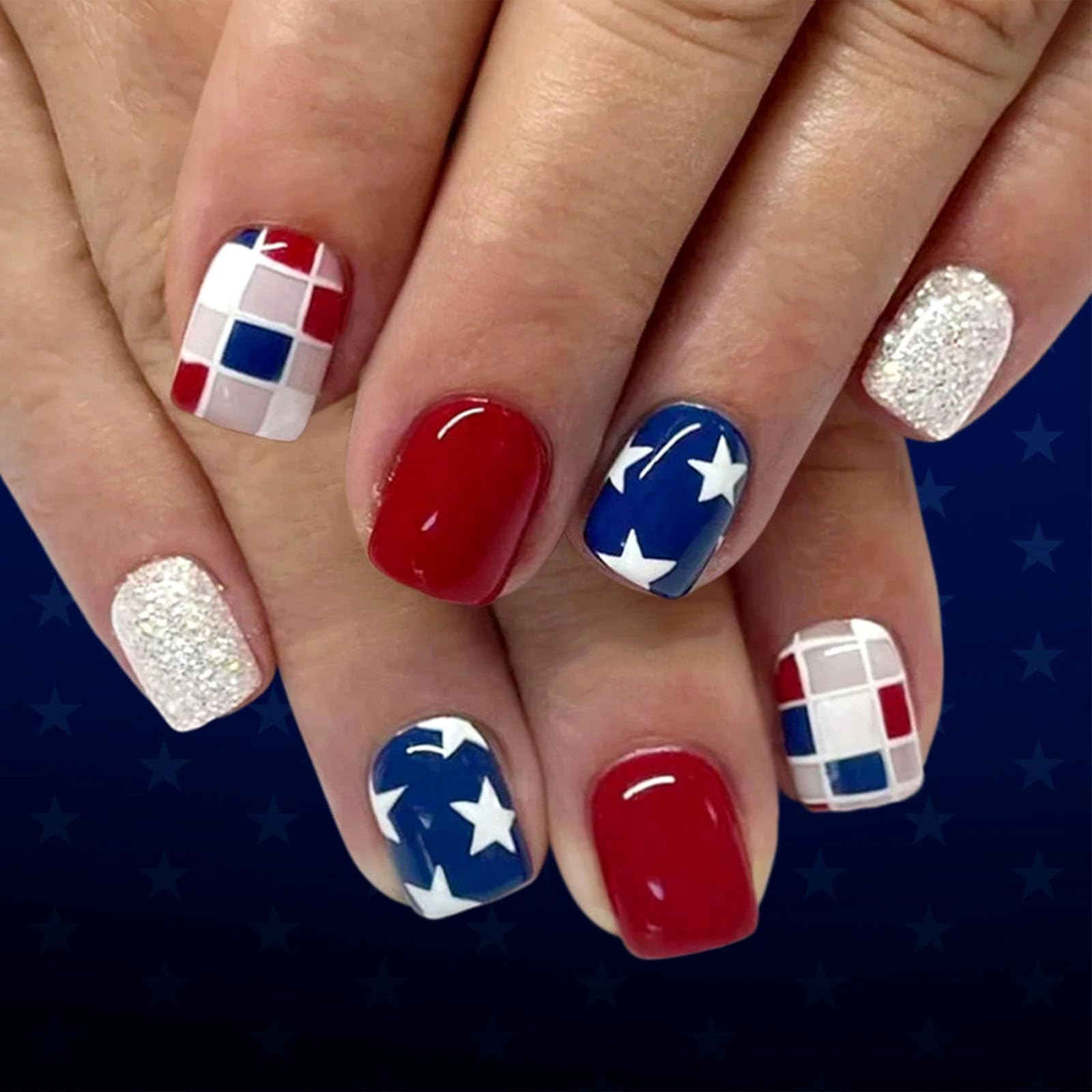 YOJIATOP front packaging showing 24-piece patriotic press-on nails and tools for easy styling
