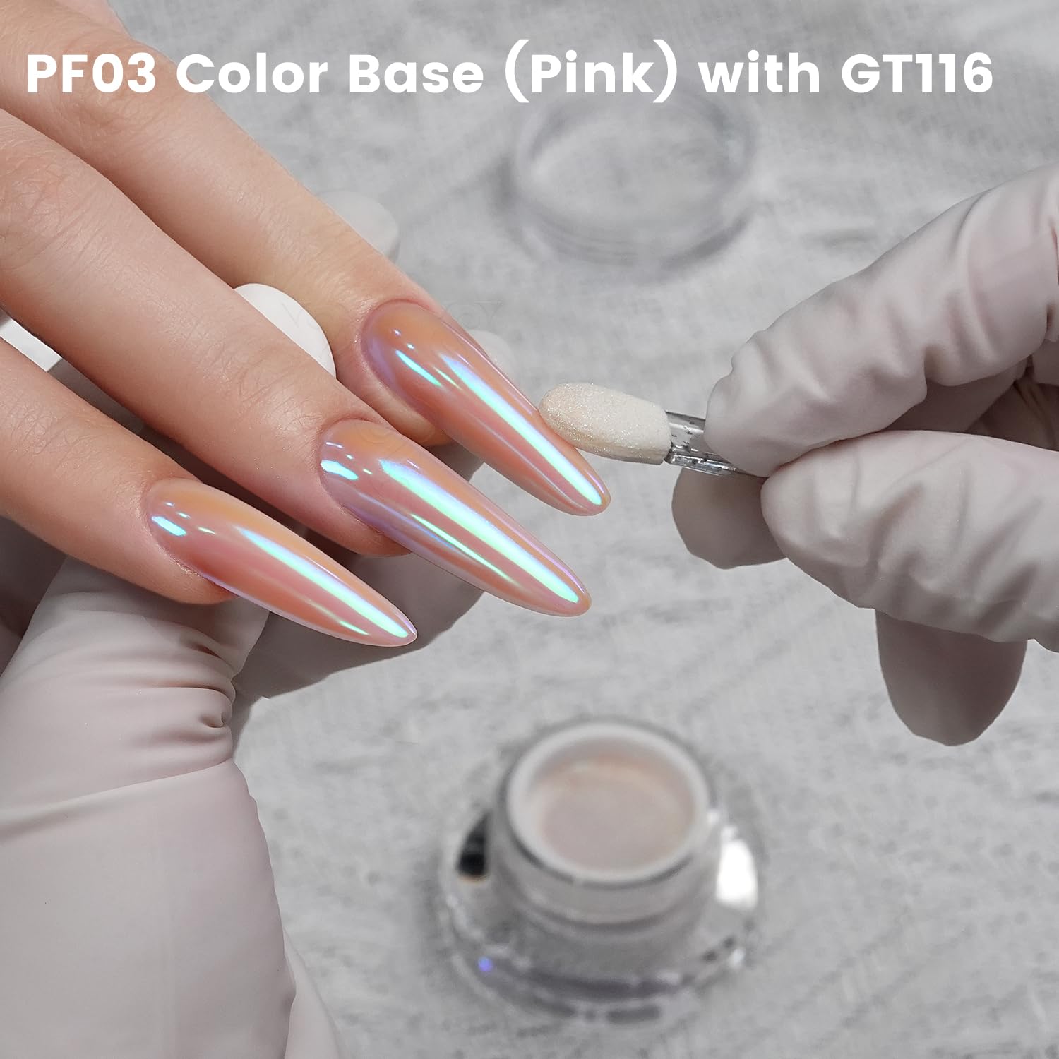 YOKE FELLOW powder applied over light base showing soft pink teal highlights benefit
