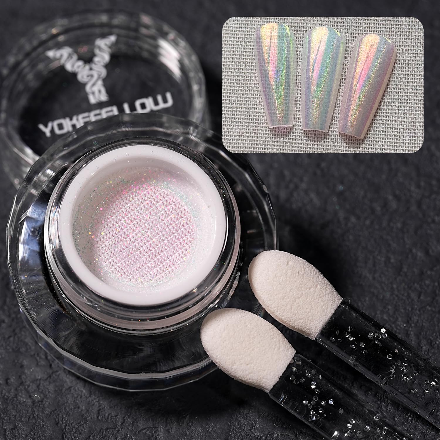 YOKE FELLOW jar beside coin illustrating compact 0.3 g size benefit