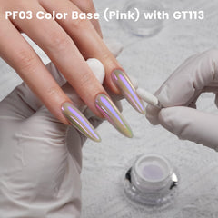 YOKE FELLOW GT113 applied on dark base nails, bold purple-pink-gold metallic benefit