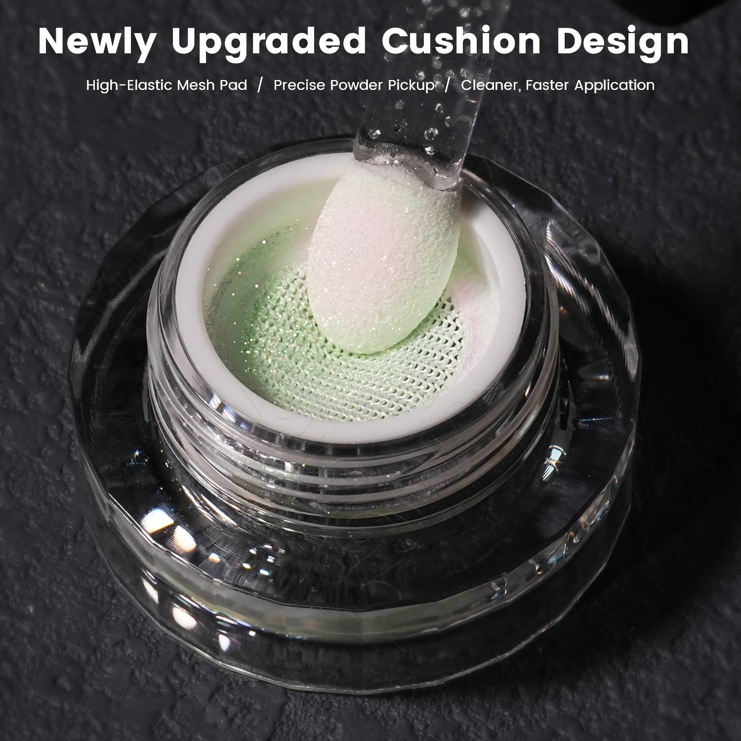 YOKEFELLOW being applied on a nail demonstrating green-pink shift for salon-quality look