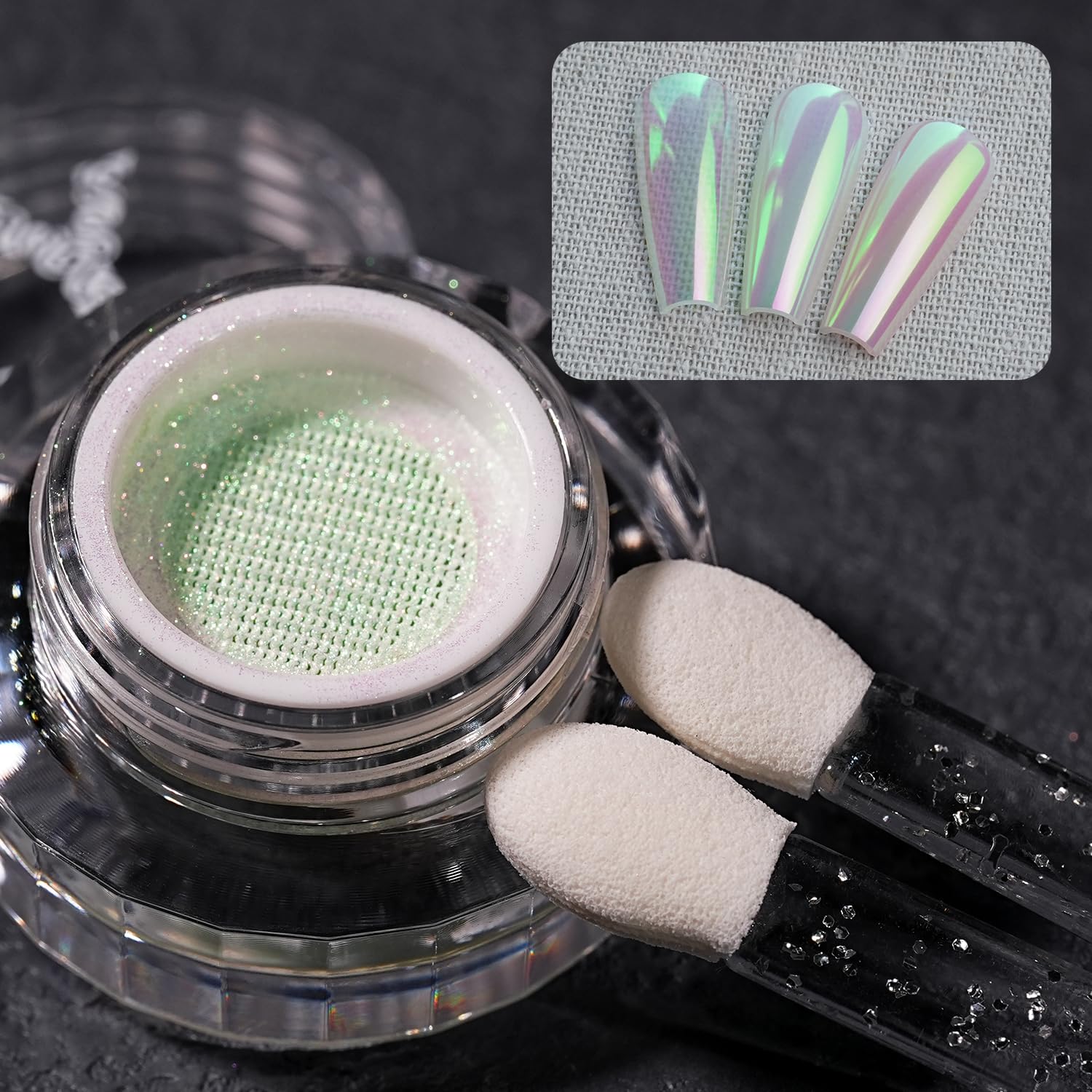 YOKEFELLOW finished manicure lifestyle shot highlighting iridescent mermaid effect durability