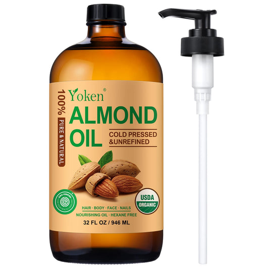 Yoken almond oil amber bottle front showing packaging benefit protection