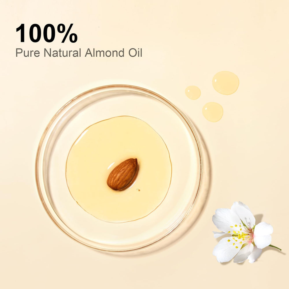 Yoken almond oil pouring close-up showing smooth texture and easy application