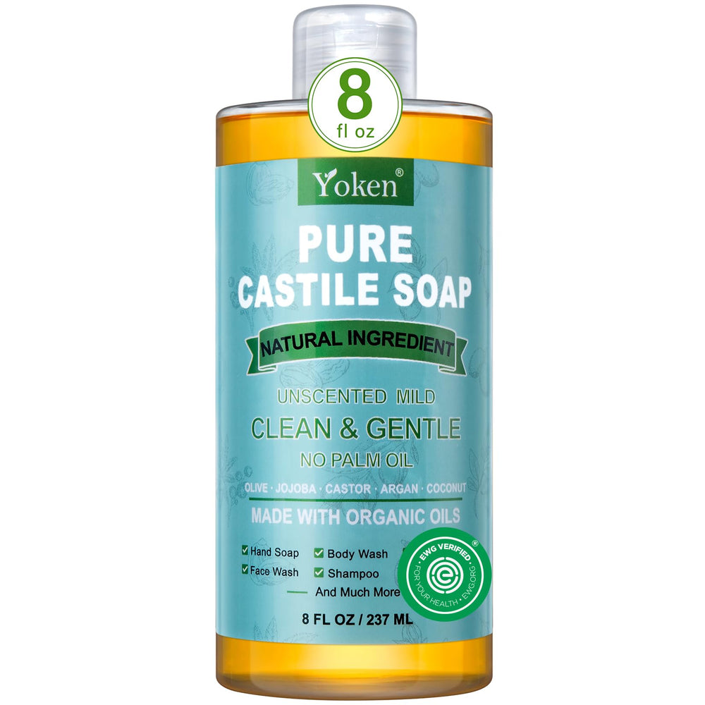 Yoken front bottle showing unscented organic castile soap benefits
