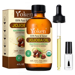 Yoken jojoba oil amber bottle showing packaging and purity benefit