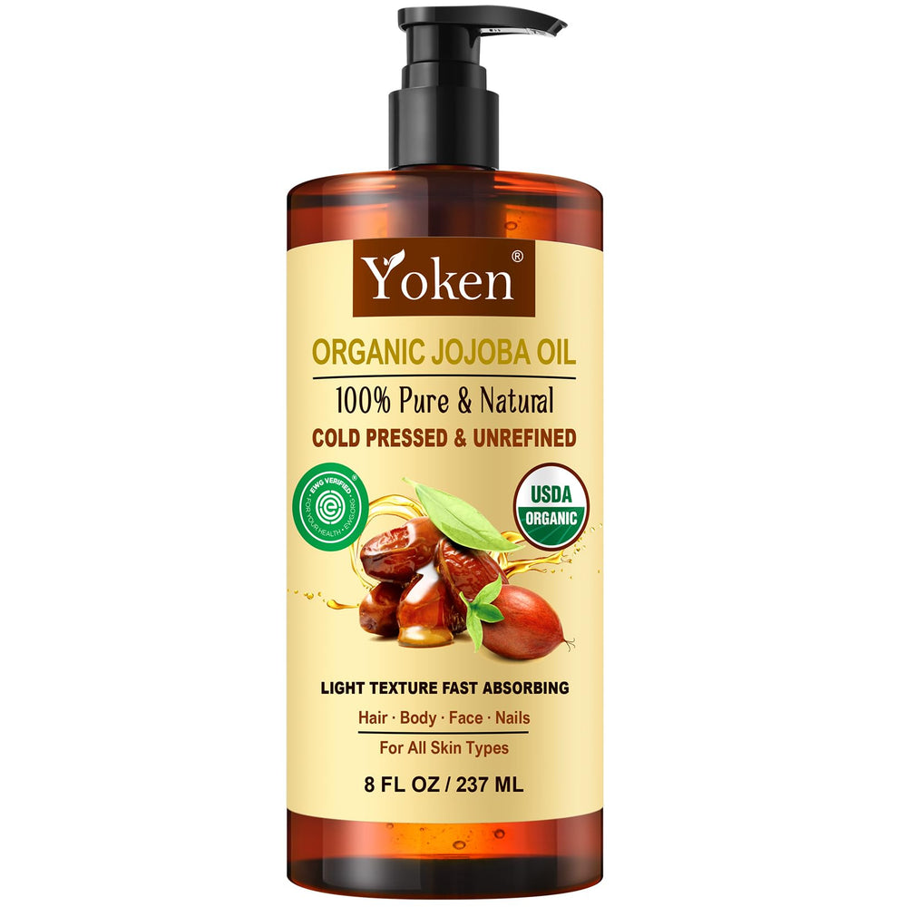 Yoken front packaging showing organic jojoba oil bottle and label benefits