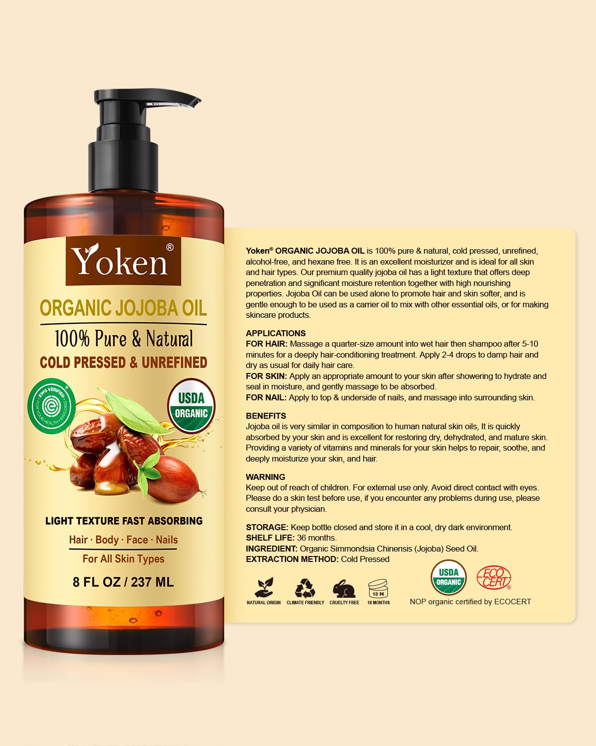 Yoken 8oz jojoba oil next to common objects showing true size and value