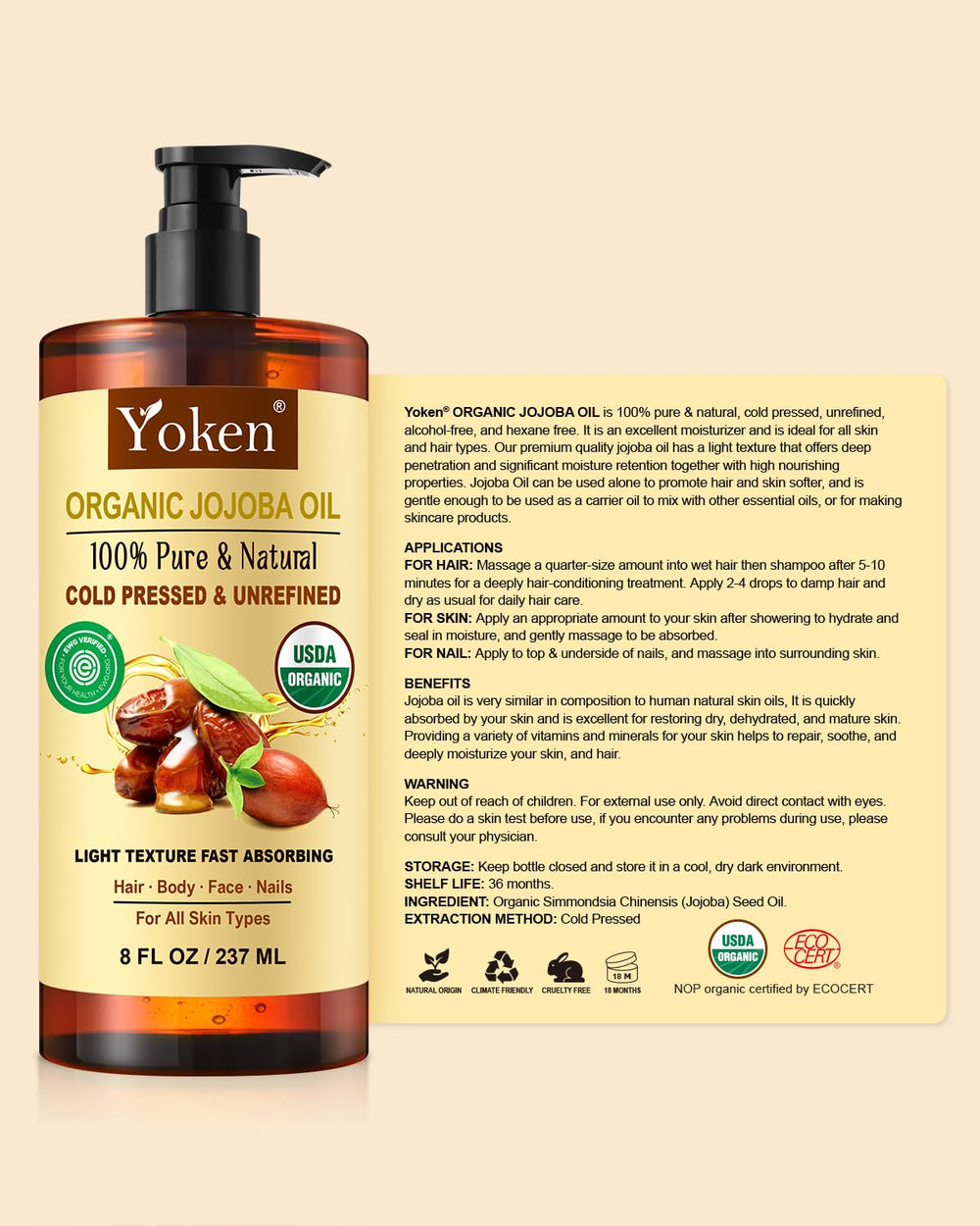 Yoken 8oz jojoba oil next to common objects showing true size and value