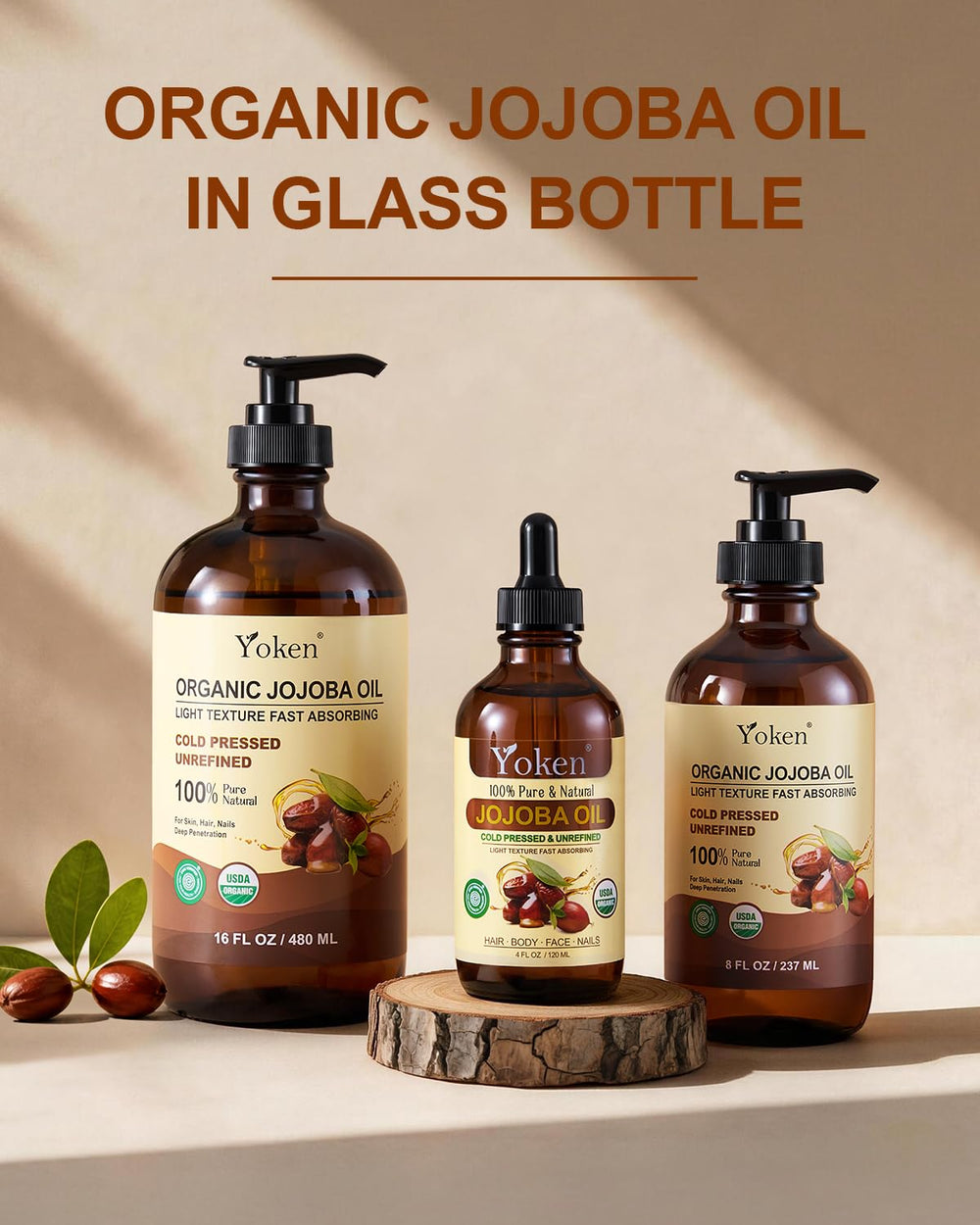Yoken jojoba oil 4oz next to common items to show size and portability benefit