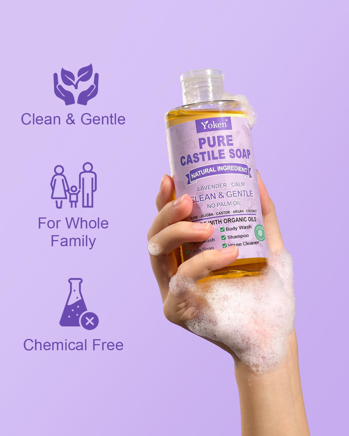 Yoken bottle being poured to demonstrate concentrated lavender soap use