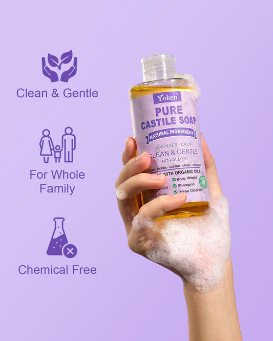 Yoken bottle being poured to demonstrate concentrated lavender soap use