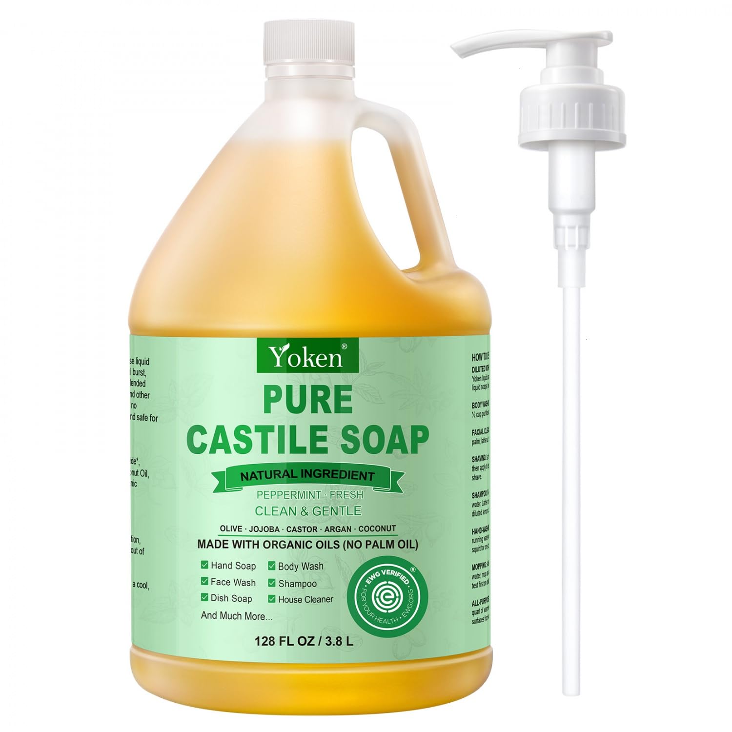 Yoken peppermint castile front gallon showing label and refill benefit