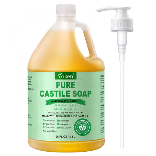 Yoken peppermint castile front gallon showing label and refill benefit
