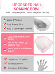 Yokilly bowl in use with hand resting and acetone pads for quicker soak-off