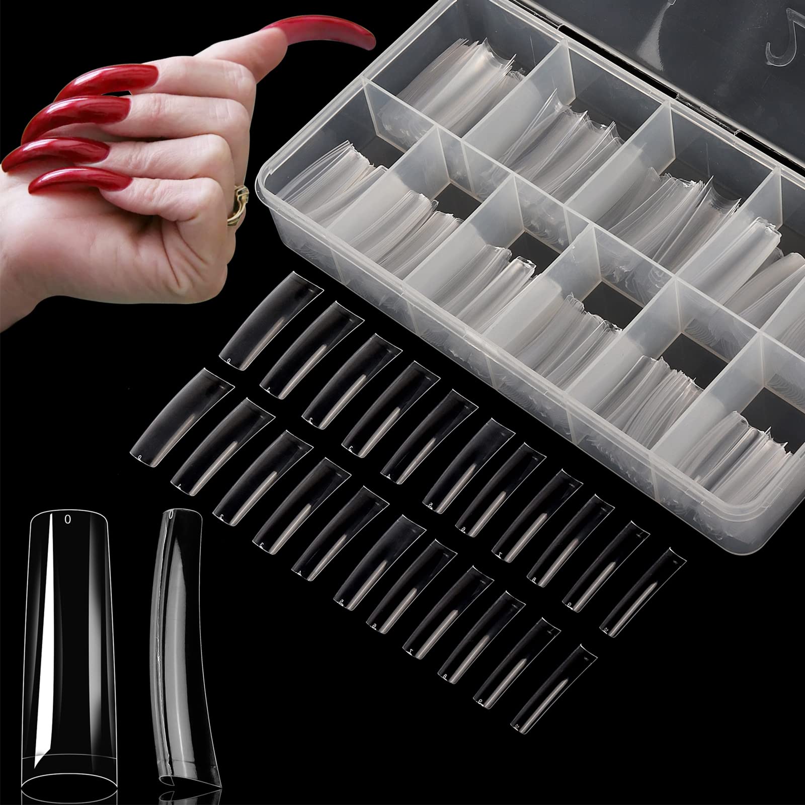 Yokilly front packaging showing 550 clear coffin tips and storage case for organization