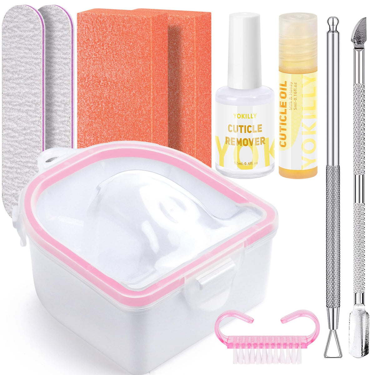 Yokilly front view of bowl and tools showing complete manicure kit benefits