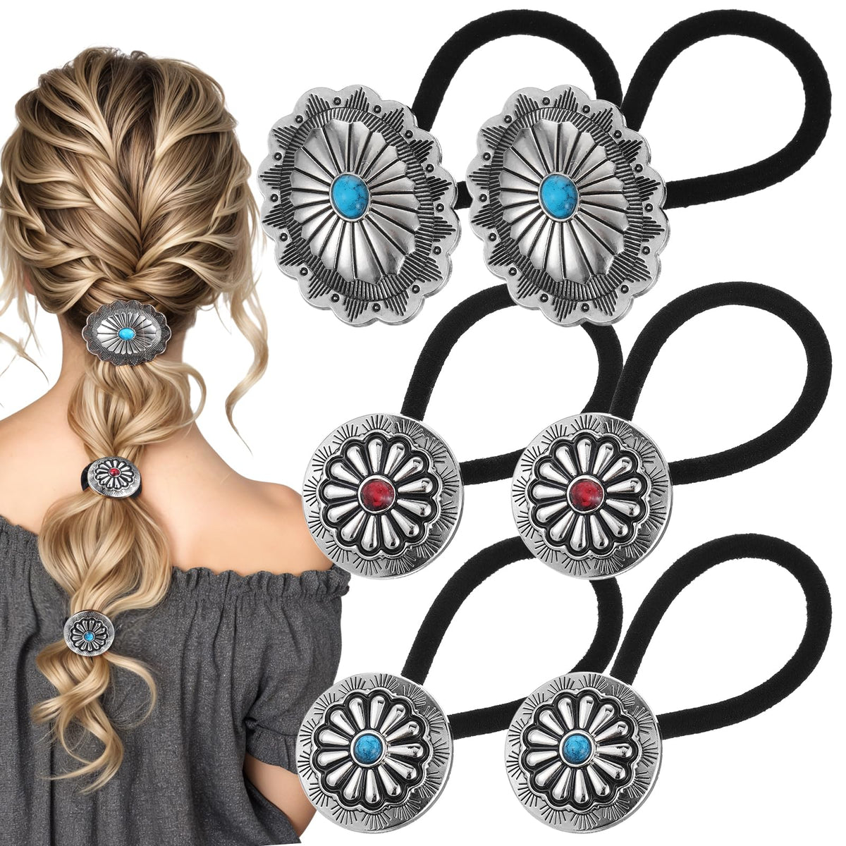 Yolev front view showing six decorative hair ties, stylish and ready
