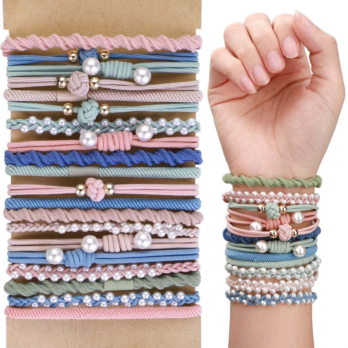 Yolev front packaging showing 20-piece boho hair ties set and colors, stylish convenience