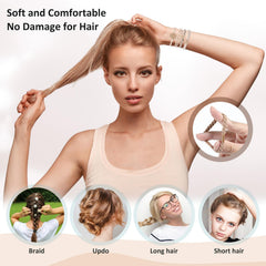 Yolev securing a ponytail in use demonstrating no-damage hold and activity-ready benefit