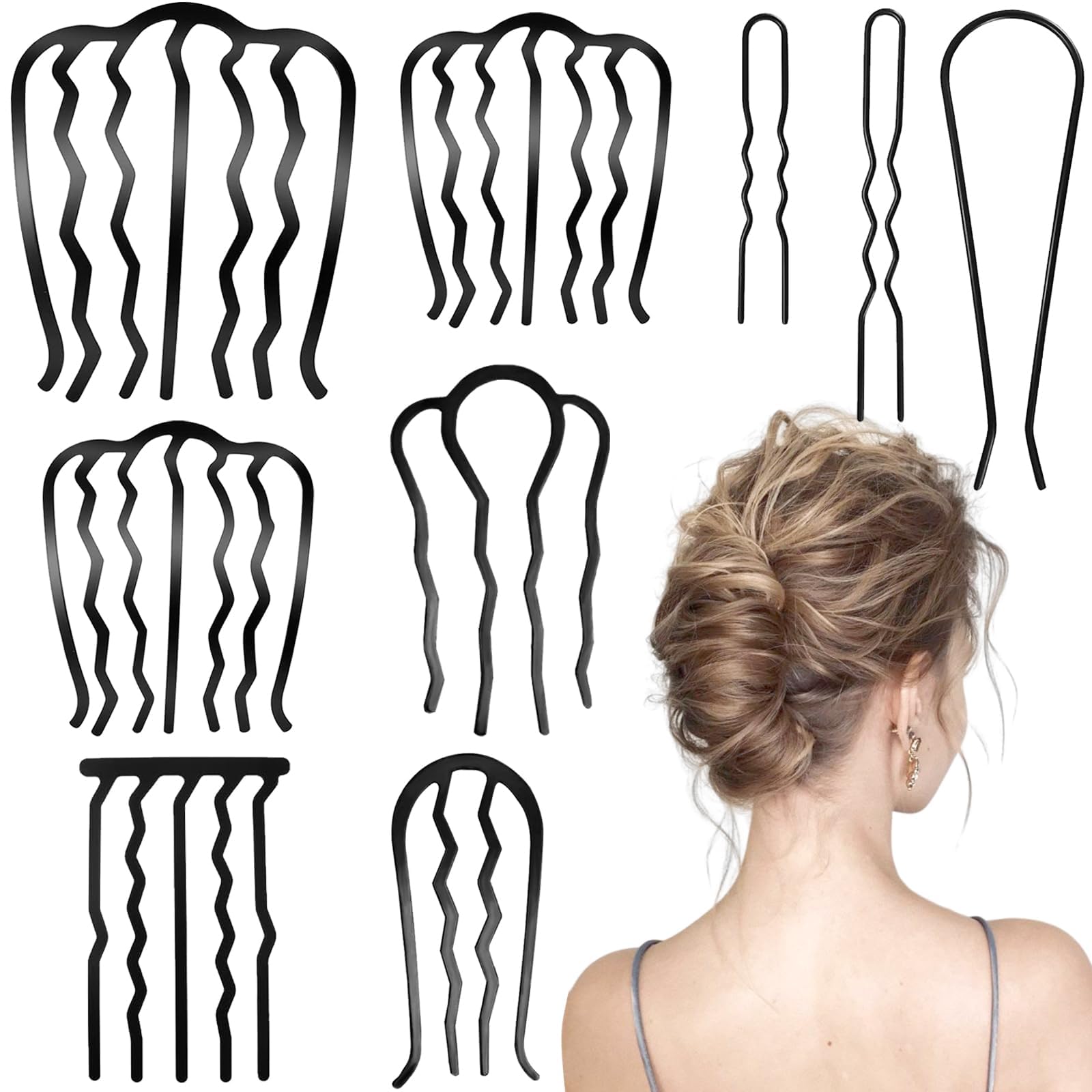 YOLLVKOT black hair combs front view showing nine-piece set and compact storage benefit