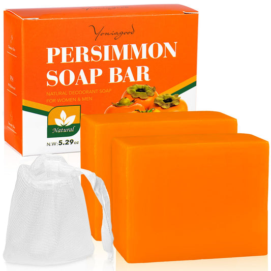 yoniagood front packaging showing two persimmon soap bars and clear branding benefit: natural deodorizing
