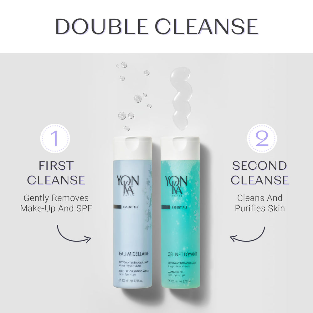 Yonka gel cleanser on bathroom shelf in lifestyle scene for spa-at-home benefit