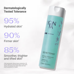 close-up of Yonka gel texture on fingertips demonstrating mild foaming benefit