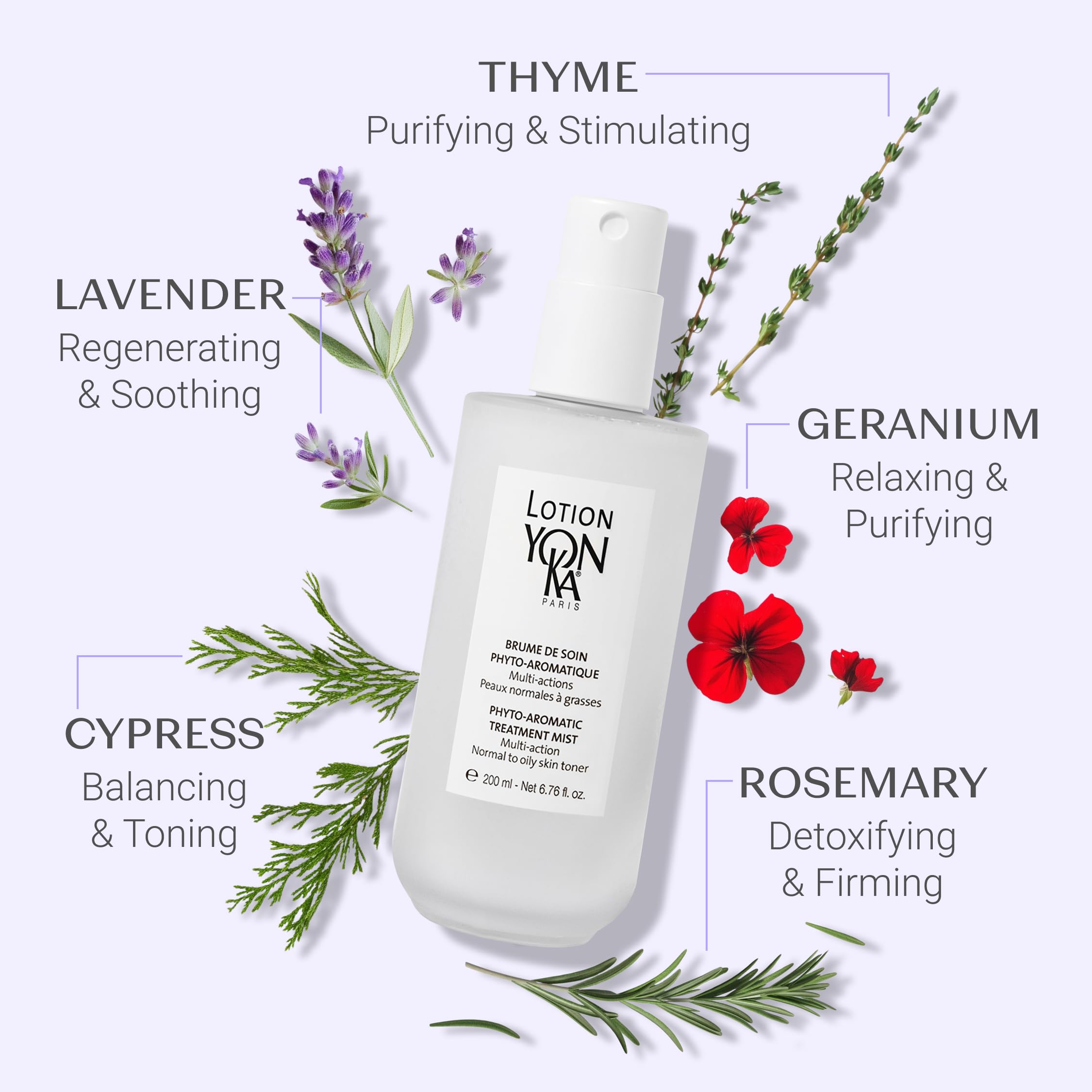 Yonka bottle on bathroom vanity staged with skincare items to inspire daily routine