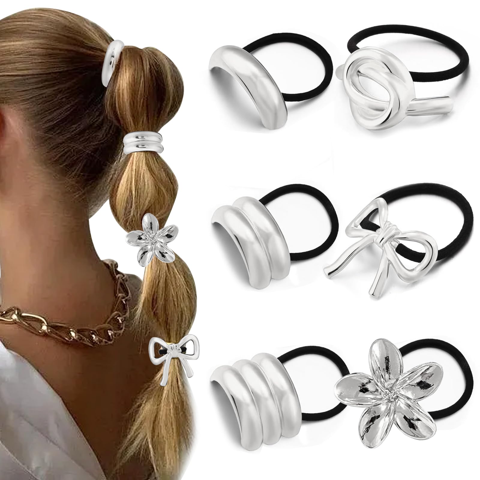 YONOY front packaging showing six silver hair ties, clear view and organized set