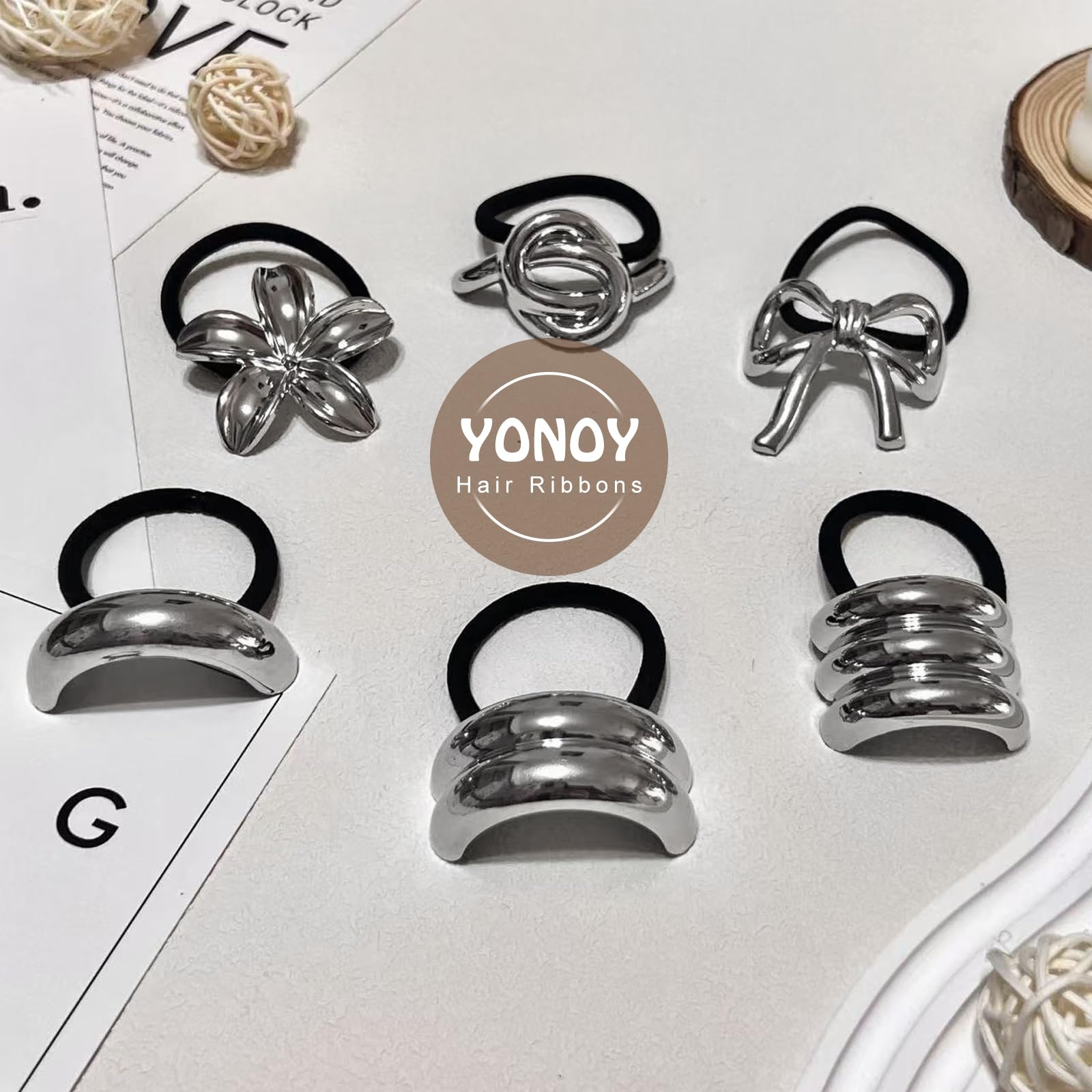 YONOY model wearing ponytail with silver tie, polished everyday look