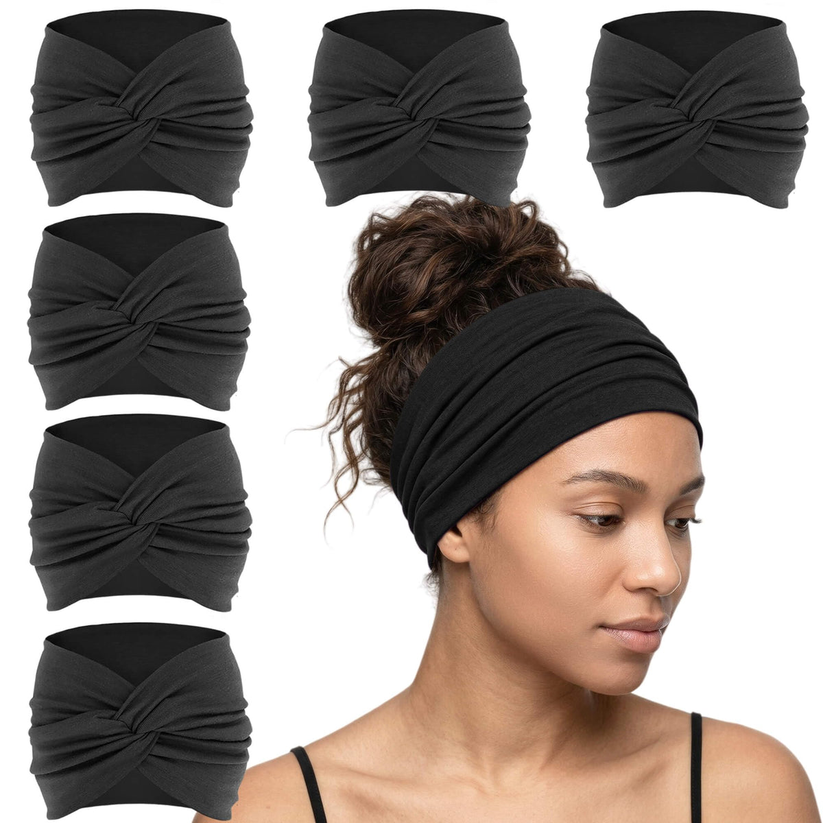 YONUF front view of six-pack black headbands showing colors and neat packaging for easy rotation