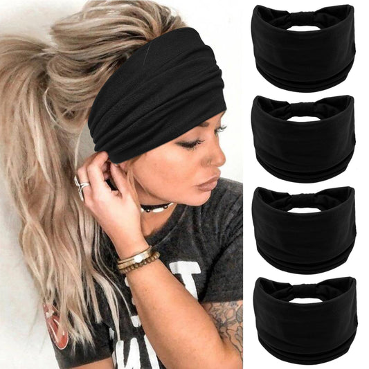 YONUF front view of four black headbands showing packed set and neat knot — versatile accessory