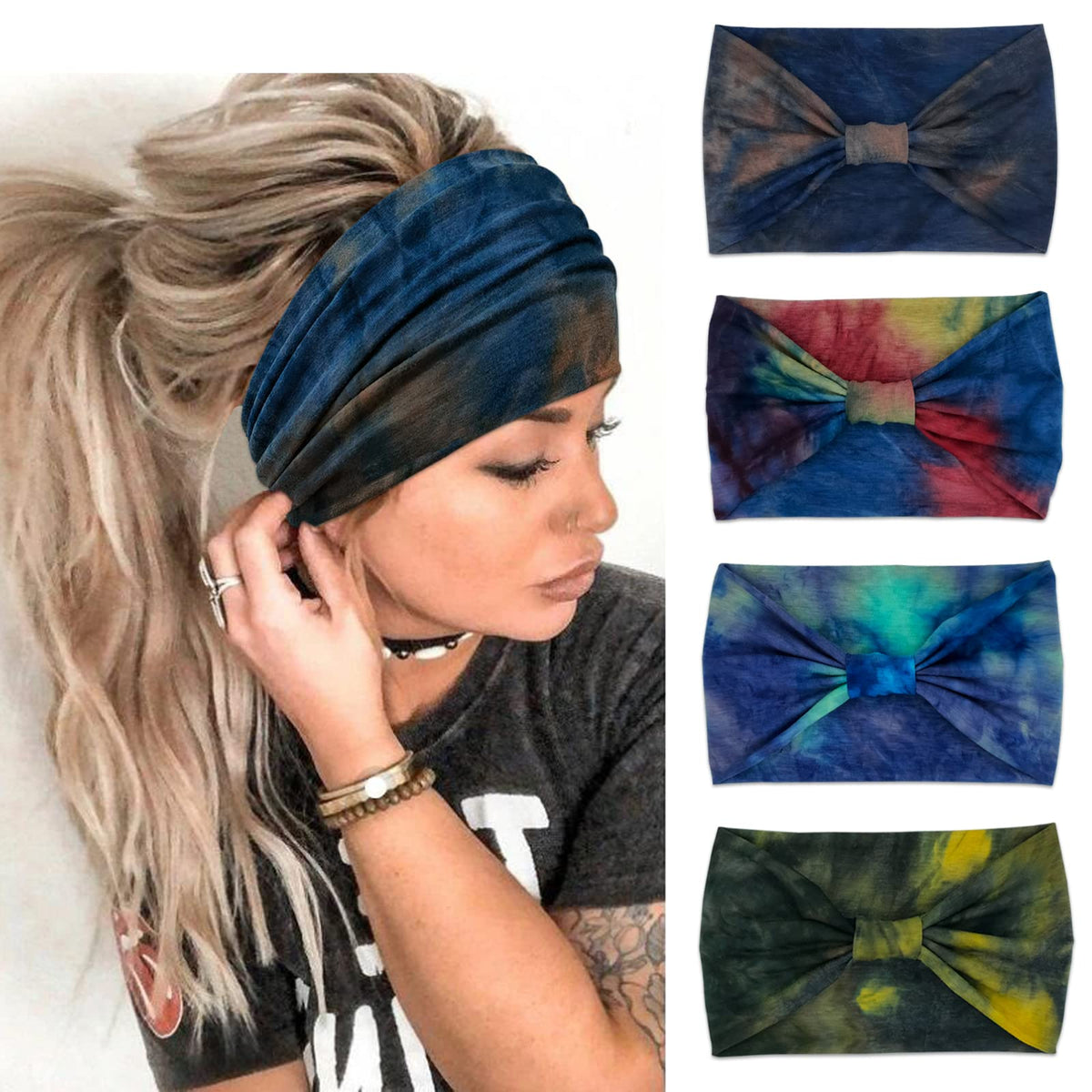 YONUF front pack view showing four blue tie-dye bands and variety