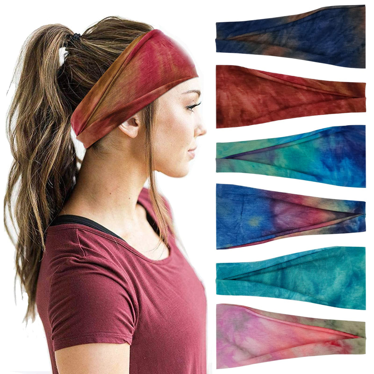 YONUF front view of six tie-dye headbands shows variety and ready-to-wear convenience