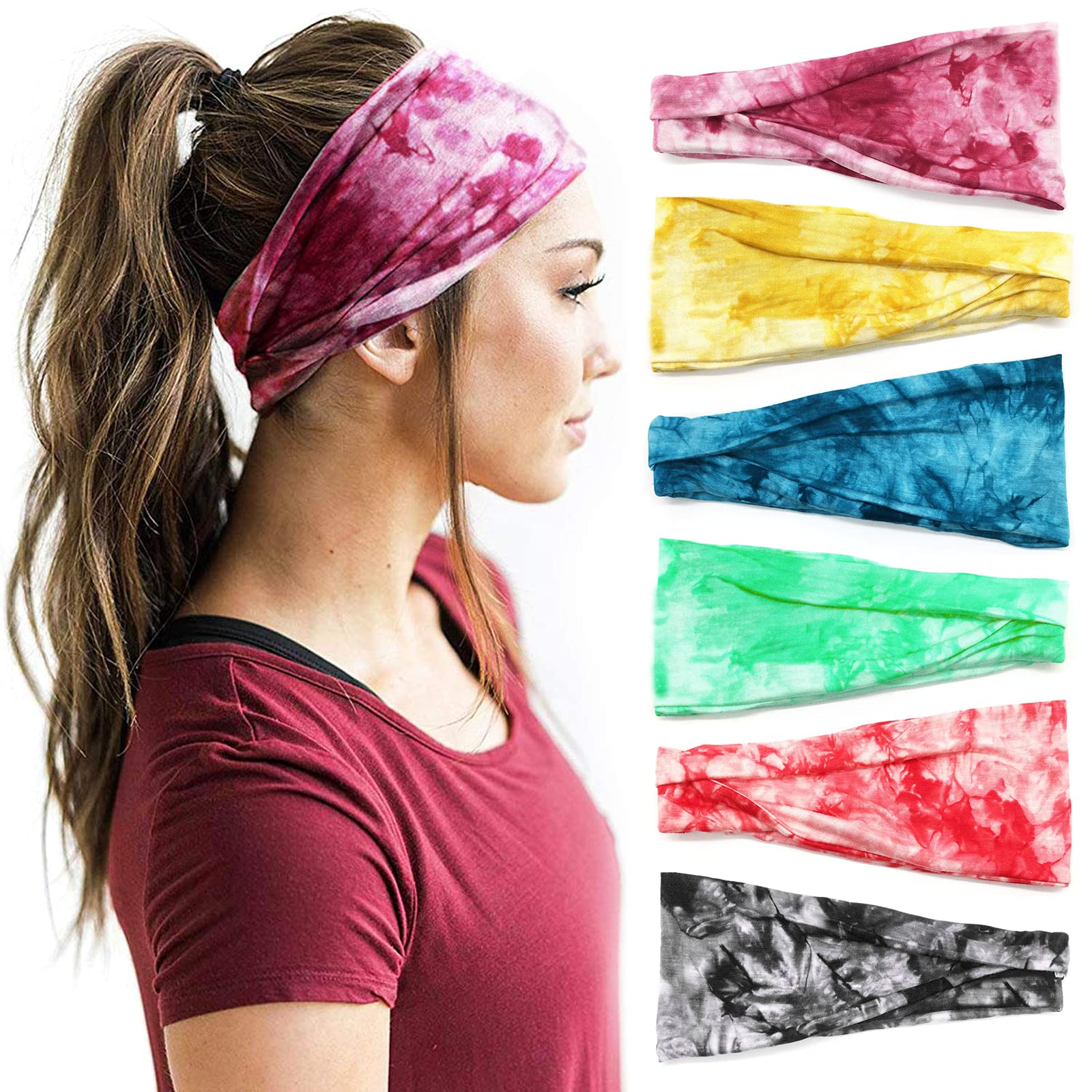 YONUF front view of six tie-dye headbands showing color variety and value
