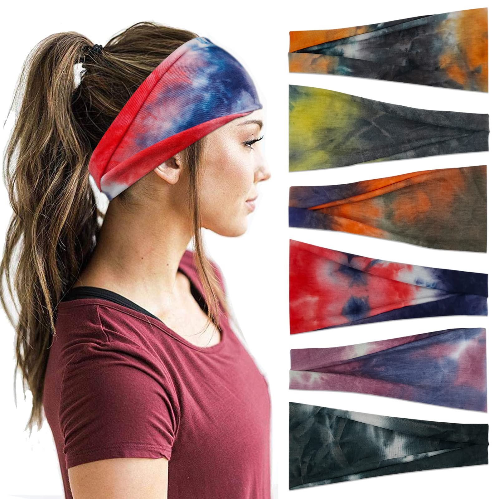 YONUF front view of six-pack tie-dye headbands shows variety and convenience