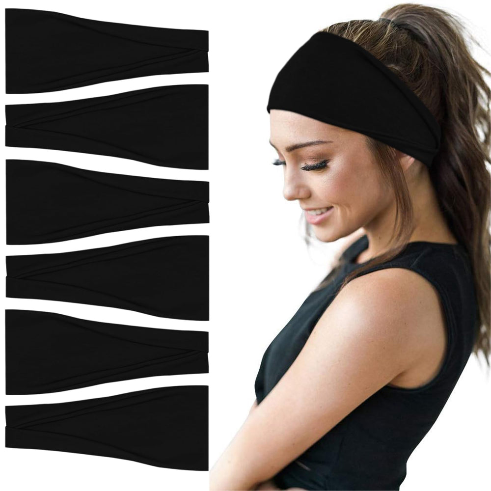 YONUF front view of six black headbands showing pack convenience and uniform look