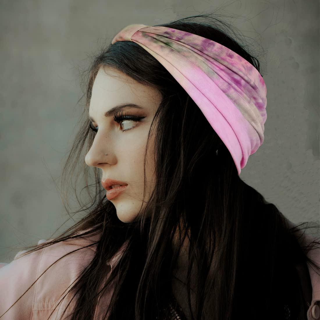 YONUF headband pulled up as neck gaiter providing wind and dust protection