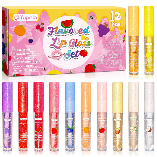 Yopela front packaging showing 12 fruity glosses and clear value