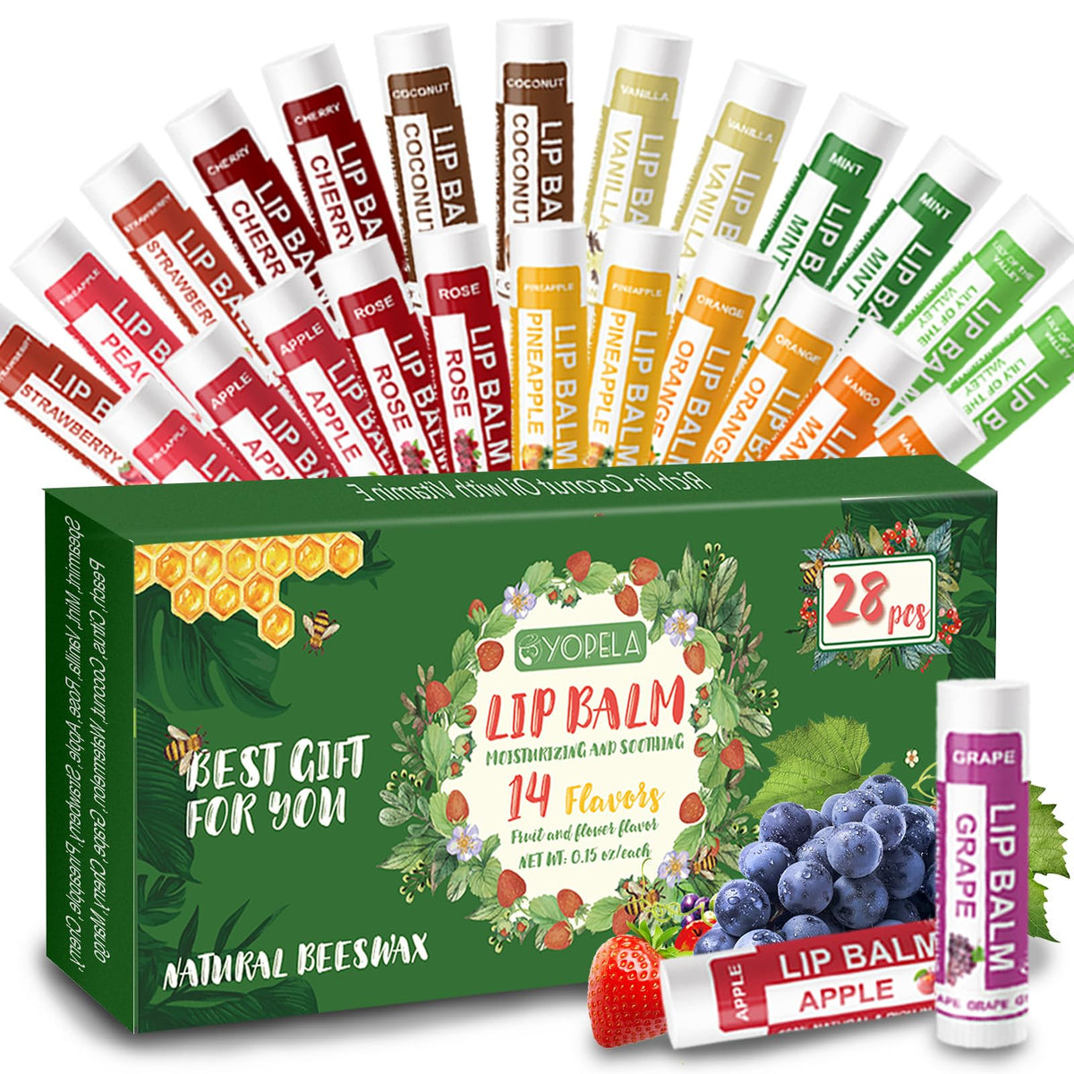 Yopela front packaging showing 28-pack and variety, convenient bulk supply