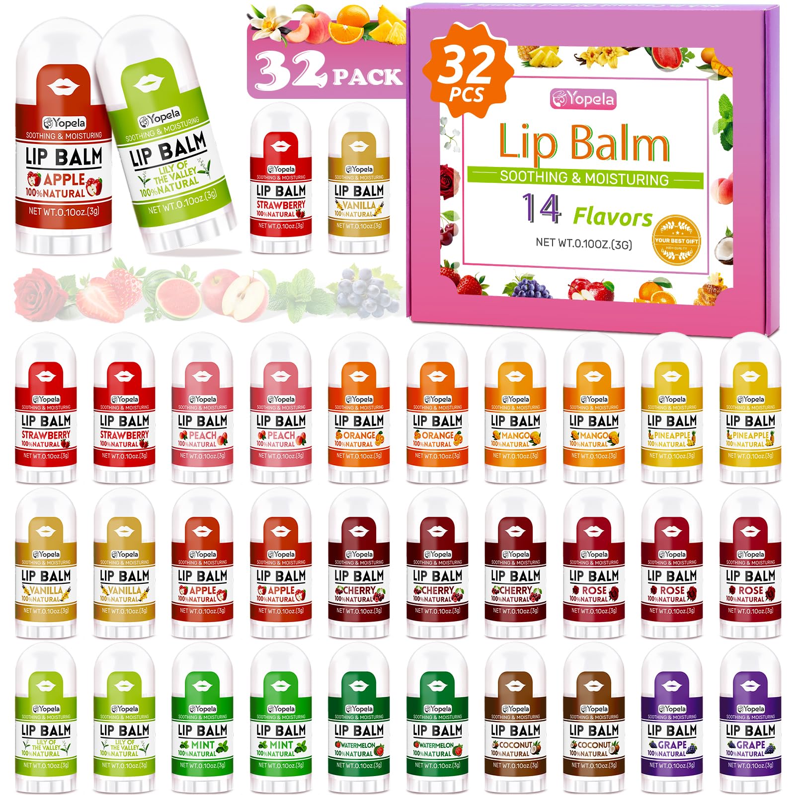 Yopela front packaging showing 32 mini lip balms and flavor variety for gifting