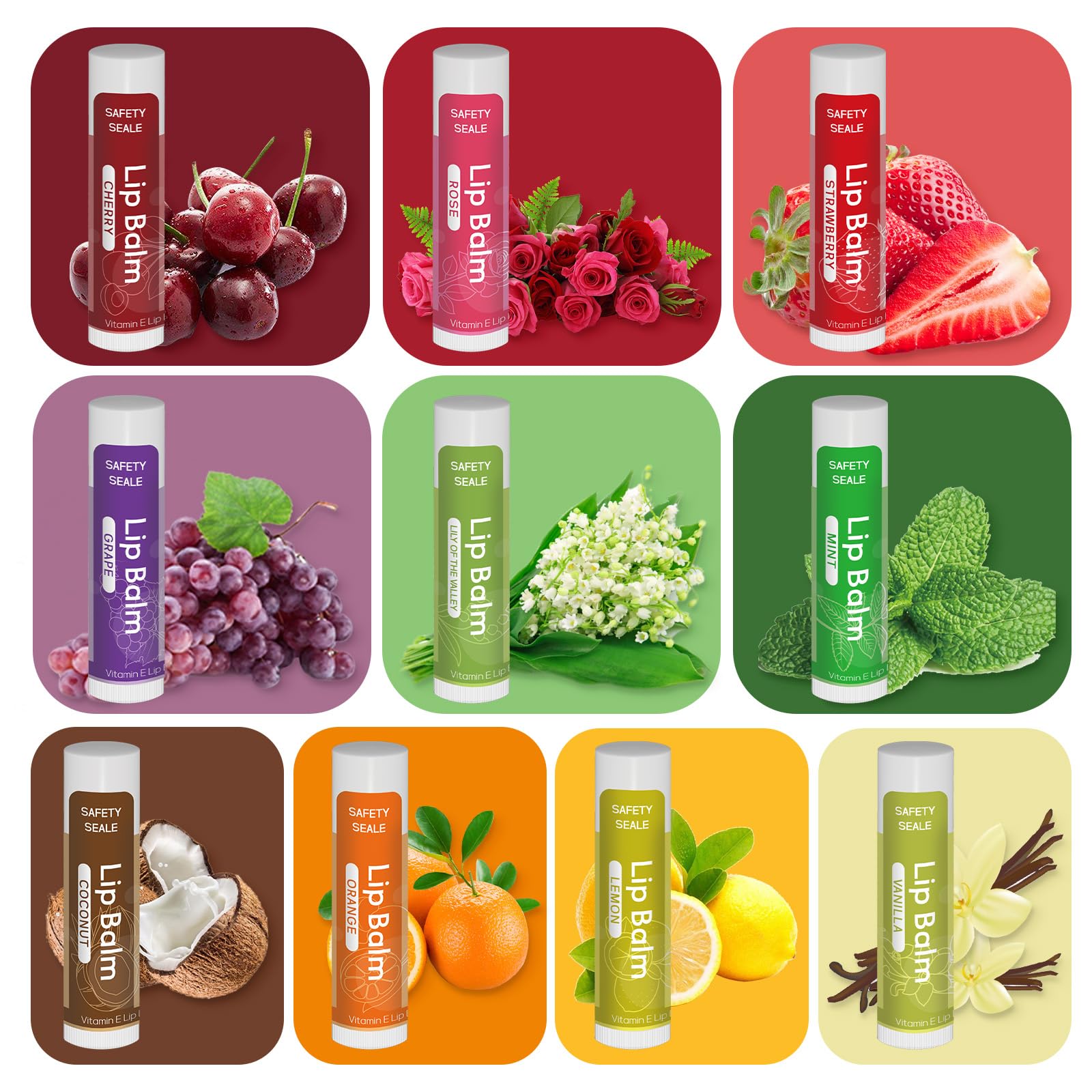 Yopela arranged lip balm sticks displaying ten flavors for easy selection
