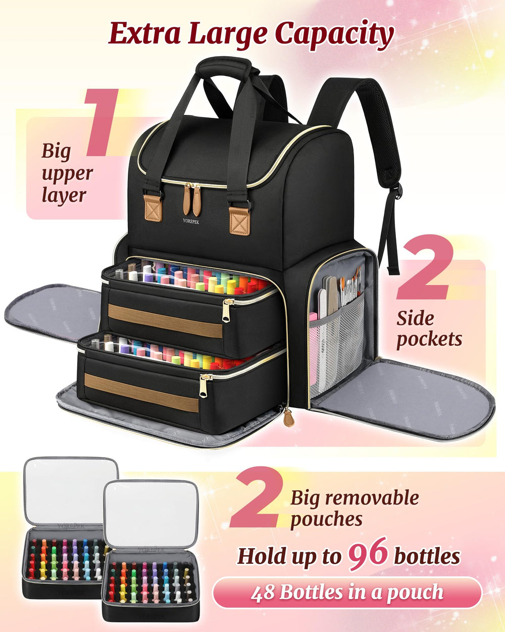 YOREPEK removable pouch foam slots protecting bottles to prevent breakage
