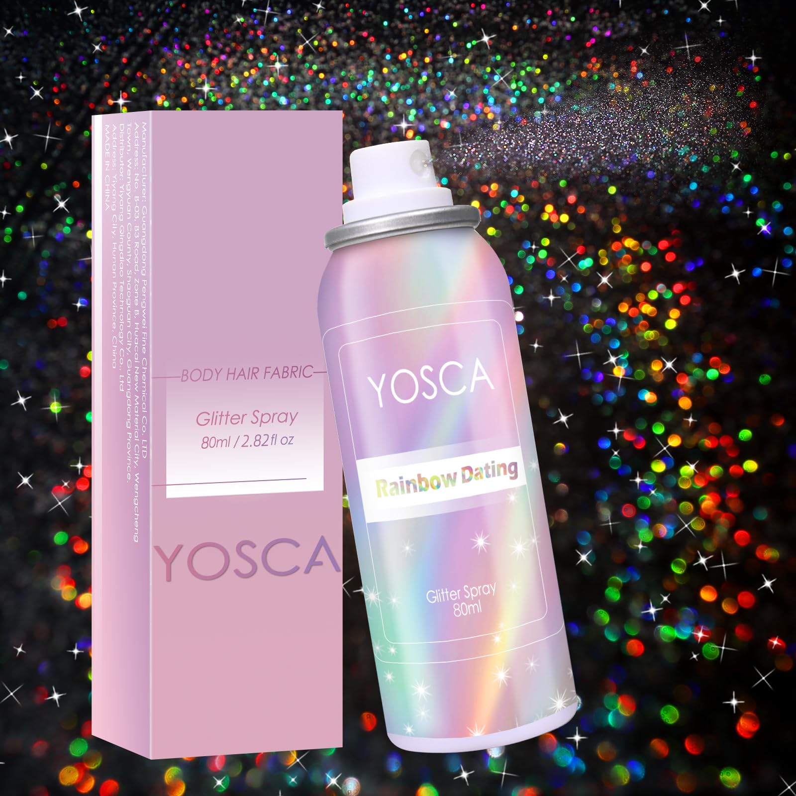 Yosca front packaging 80ml showing sleek bottle and quick-dry glitter benefit